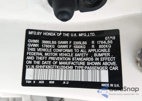 2019 Honda Civic Type R Touring z USA, uszkodzony, nr VIN SHHFK8G77KU204349